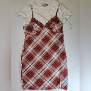 Almost Famous Dress Y2K Juniors XL Midi Plaid White Tee Layered‎ RetrO Classic